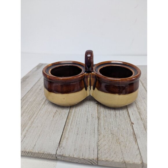 Vintage Brown Glazed Stoneware Double Condiment Sauce Pot With Lids Taiwan - Picture 10 of 10